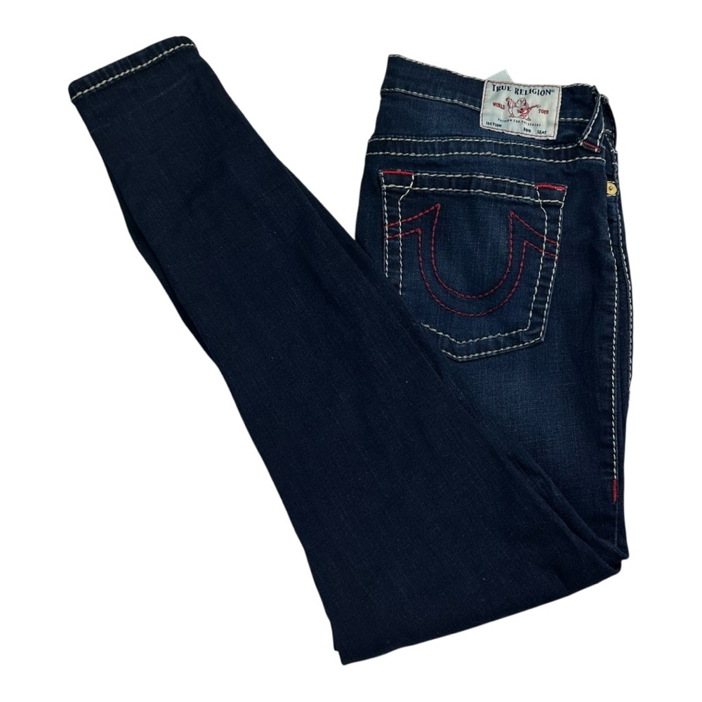 True Religion Halle High Rise Super Skinny Jeans Dark Wash Red Stitching W34 - Picture 14 of 16